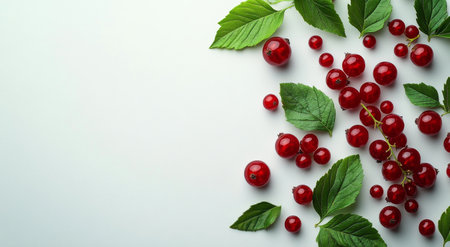 Bright red currents and vibrant green leaves are artistically arranged on a white surface, making a visually appealing display for culinary or decorative use.の素材