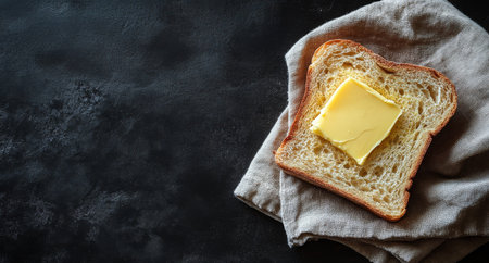 Freshly sliced bread is stacked on a neutral cloth with a pat of butter melting on top, creating a cozy kitchen atmosphere perfect for breakfast.の素材