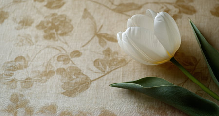 A delicate white tulip is gently placed on a textured, muted stone surface. Soft, natural light illuminates the flower, enhancing its beauty in the serene morning ambiance.の素材