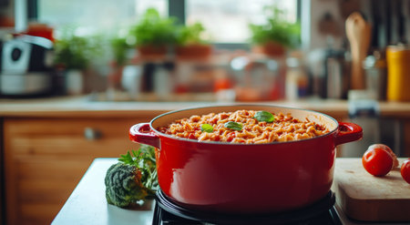 A colorful baked pasta dish sits in a red skillet, topped with melted cheese and fresh herbs, surrounded by vibrant vegetables in a warm kitchen atmosphere.の素材
