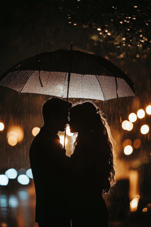A couple embraces under an umbrella, silhouetted against a backdrop of shimmering lights. The scene captures intimacy and romance during a nighttime celebration.の素材