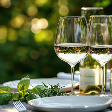 A beautifully arranged outdoor table features sparkling glassware and plates adorned with fresh herbs, capturing the warmth of golden hour lighting.の素材