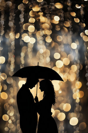 A couple embraces under an umbrella, silhouetted against a backdrop of shimmering lights. The scene captures intimacy and romance during a nighttime celebration.の素材