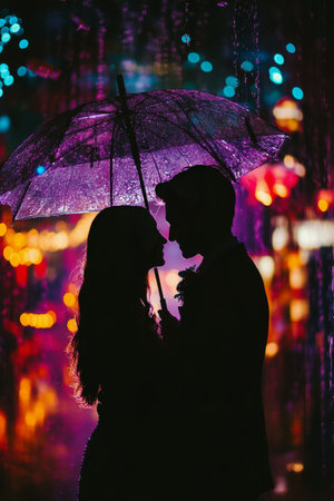 A couple embraces under an umbrella, silhouetted against a backdrop of shimmering lights. The scene captures intimacy and romance during a nighttime celebration.の素材