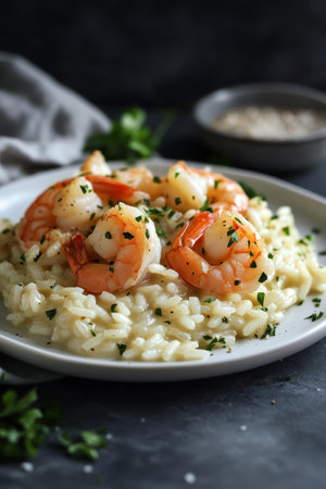 A delicious plate of creamy risotto topped with tender shrimp and scallops, garnished with fresh parsley. The dish showcases vibrant colors and inviting textures.の素材