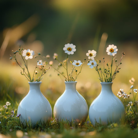 Three elegant white vases hold delicate wildflowers, set against a lush green garden backdrop with soft, golden light illuminating the scene at sunset.の素材