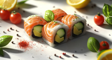 Fresh sushi rolls filled with salmon and cucumber are artistically arranged with herbs and citrus slices, creating a colorful and appetizing display perfect for a meal or gathering.の素材
