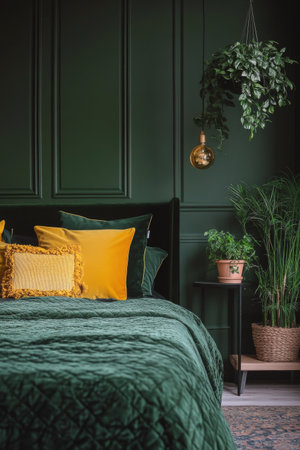 A serene bedroom displays a deep green wall that contrasts with yellow pillows on a plush bed, complemented by a leafy potted plant, creating a calming atmosphere.の素材