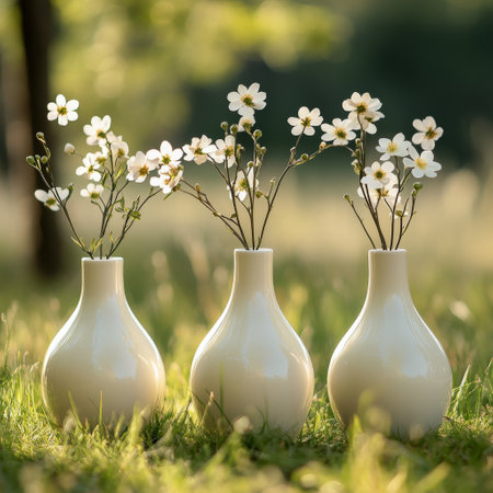 Three elegant white vases hold delicate wildflowers, set against a lush green garden backdrop with soft, golden light illuminating the scene at sunset.の素材