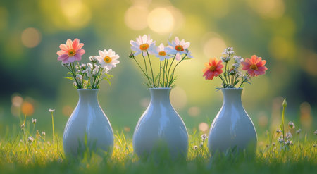 Three white vases containing fresh daisies are displayed on vibrant green grass, illuminated by soft daylight, creating a peaceful garden atmosphere.の素材