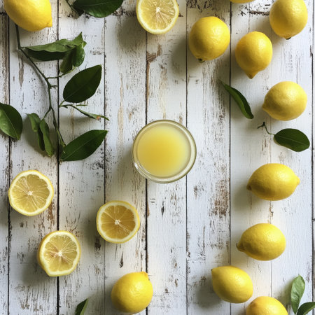Bright yellow lemons and a glass of fresh lemon juice are beautifully arranged on a rustic wooden table, creating an inviting and refreshing atmosphere for health enthusiasts.の素材