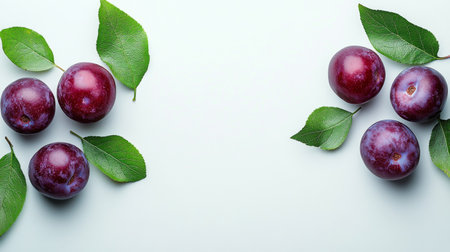 Plums with purple deep hues are arranged around fresh green leaves on a light surface, showing their vibrant colors. This display highlights the natural beauty of the fruits.の素材