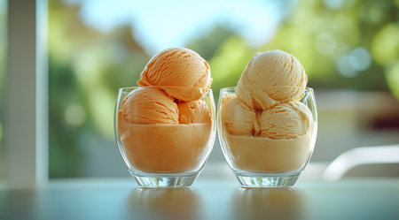 Two clear glasses filled with creamy ice cream stand on a table, surrounded by a lush garden illuminated by warm sunlight, creating a refreshing and inviting atmosphere.の素材