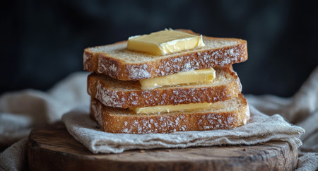 Thick slices of freshly baked bread topped with a small pat of butter sit elegantly on a wooden platter, highlighting simple culinary beauty.の素材