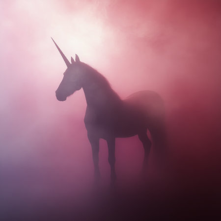 A unicorn is walking through a soft, swirling fog at dawn, surrounded by pastel colors of pink and blue. The mythical creature radiates an enchanting presence in the mist.の素材
