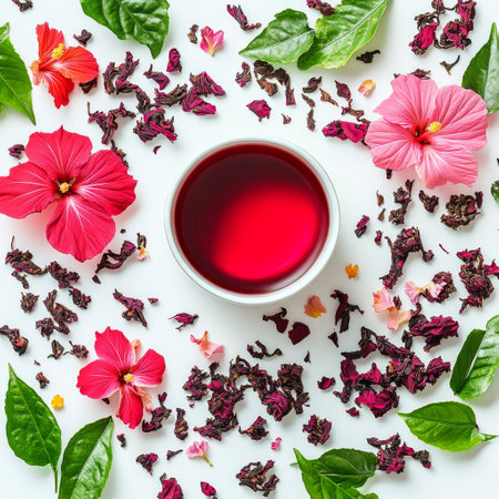 A bowl filled with deep red hibiscus tea is surrounded by fresh hibiscus petals and dried floral pieces. The composition features a captivating array of colors and textures.の素材