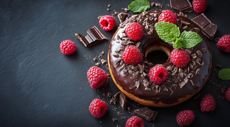 A large chocolate donut topped with chocolate sprinkles is surrounded by fresh raspberries and mint leaves on a dark background. The arrangement creates an appealing display.の素材
