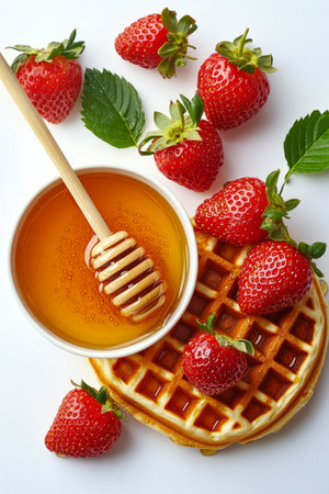 Juicy red strawberries are elegantly arranged with honey drizzled over them, accompanied by fresh mint leaves. This setup creates an inviting and delicious composition.の素材