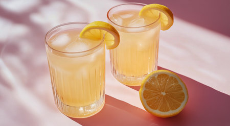 Two tall glasses filled with refreshing lemonade sit on a pink surface, each garnished with a slice of lemon. A halved lemon rests beside them, casting subtle shadows.の素材