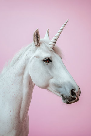 A realistic white unicorn stands gracefully with its golden horn prominently displayed, capturing attention against a vibrant pink backdrop, evoking a sense of magic and whimsy.の素材