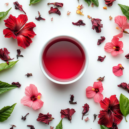 A bowl filled with deep red hibiscus tea is surrounded by fresh hibiscus petals and dried floral pieces. The composition features a captivating array of colors and textures.の素材