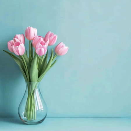 A beautiful bouquet of pink tulips stands tall in a clear glass vase against a soothing light blue backdrop, creating a serene and elegant atmosphere.の素材