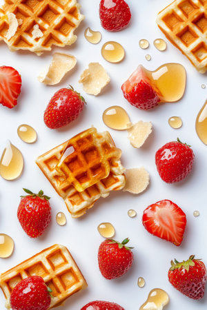 Juicy red strawberries are elegantly arranged with honey drizzled over them, accompanied by fresh mint leaves. This setup creates an inviting and delicious composition.の素材