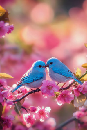 Two small birds with striking blue and pink plumage share a tender moment on a branch filled with pink cherry blossoms during springs bloom, creating a serene atmosphere.の素材