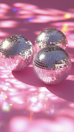 Three shimmering disco balls rest on a bright pink surface, reflecting light and creating a joyful party ambiance perfect for celebration and fun gatherings.の素材