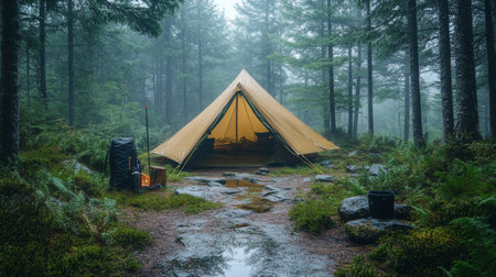 A green camping tent is pitched on a damp forest floor, surrounded by lush vegetation and tall trees. Moss-covered rocks add to the tranquil, misty atmosphere.の素材