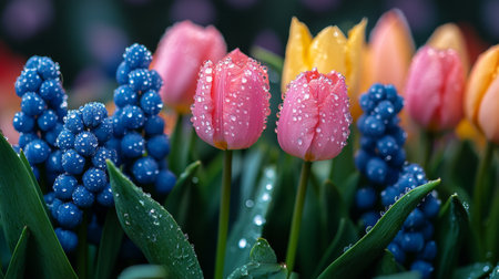Vibrant tulips and hyacinths flourish in a garden bed, displaying hues of pink, orange, and yellow. Raindrops adorn their petals, creating a fresh spring atmosphere.の素材