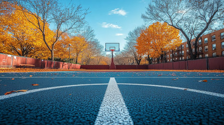 A basketball court showcases vibrant autumn colors with fallen leaves covering the ground. The hoop stands tall amidst the tranquility of the season in a peaceful park.の素材