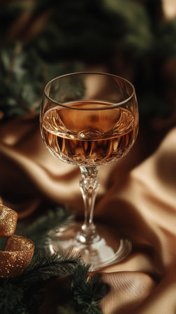 A stylish glass filled with sparkling champagne sits on a black surface, surrounded by a shimmering golden ribbon, creating an atmosphere of celebration and luxury.の素材