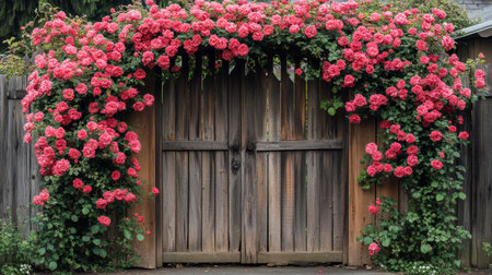 Lush coral roses cascade over a wooden archway, framing a tranquil walkway lined with blooming flowers in a peaceful garden setting.の素材
