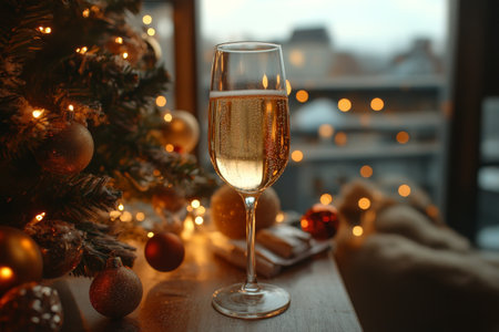 A sparkling glass filled with champagne stands beside a beautifully decorated Christmas tree, surrounded by warm lights and festive decorations on a cozy evening.の素材