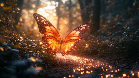 A vibrant orange butterfly flutters gently along a glowing forest path, surrounded by enchanting lights at twilight, creating a tranquil atmosphere in nature.の素材