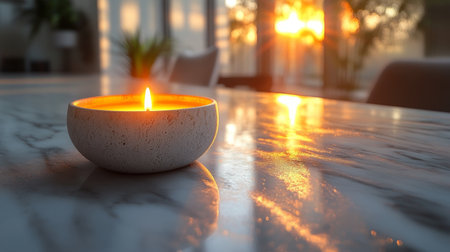 A soft glow emanates from a round candle resting on a polished marble table as the sun sets, illuminating the room with warm light.の素材