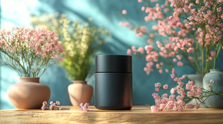 A black container sits elegantly on a wooden surface next to vibrant pink flowers. The soft lighting enhances the beauty of the floral arrangement in a serene setting.の素材