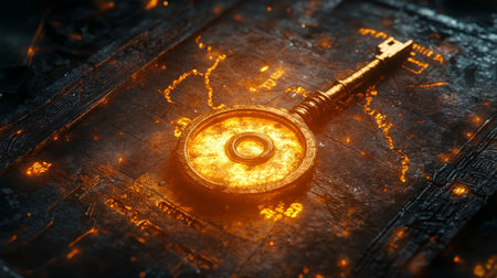 A golden key with intricate designs rests on an ancient stone surface illuminated by glowing inscriptions. The dark background enhances the key's enchanting appearance, evoking mystery.の素材