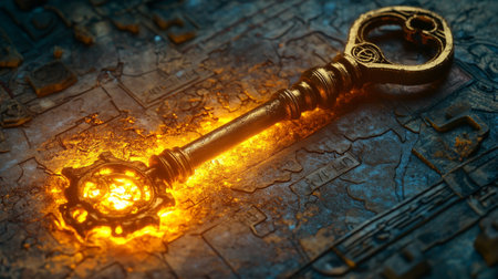 A golden key with intricate designs rests on an ancient stone surface illuminated by glowing inscriptions. The dark background enhances the key's enchanting appearance, evoking mystery.の素材