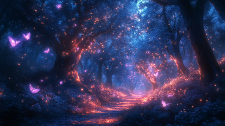 Golden fireflies fill the forest air as the sun sets behind lush trees, creating an enchanting atmosphere in a serene woodland setting.の素材