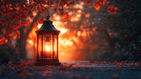 A lantern illuminates a winding path in a misty forest, surrounded by vibrant yellow flowers. The soft glow creates a magical atmosphere at twilight, inviting exploration.の素材