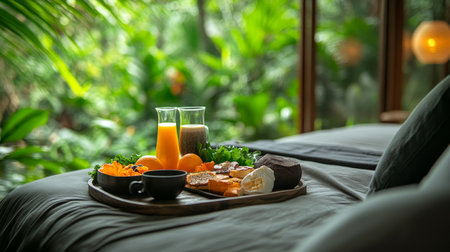 A wooden tray with tea and pastries sits on a bed as sunlight streams through large windows, revealing a vibrant garden filled with greenery and colorful flowers.の素材