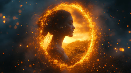 A stunning silhouette of a young woman encircled by vibrant flames against a breathtaking sunset backdrop. The atmosphere radiates magical energy and beauty.の素材