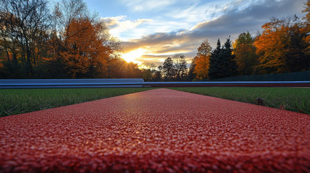A vibrant blue running track stretches out under a clear sky, with goalposts in the foreground, surrounded by autumn trees and nearby buildings.の素材
