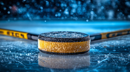A hockey puck lies on a frozen pond, reflecting surrounding lights as dusk settles in. The tranquil setting captures a moment of anticipation for a game about to begin.の素材