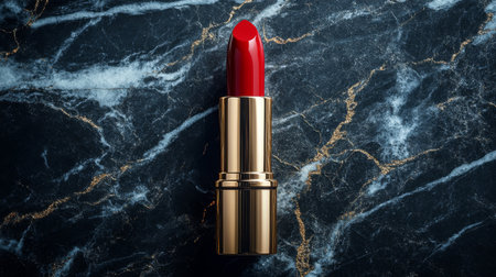 A striking red lipstick is placed elegantly on a polished marble surface. The rich color contrasts beautifully with the dark background, enhancing its appeal.の素材