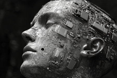 A creative depiction features a face illuminated by intricate circuit designs, highlighting the connection between technology and humanity in a dark environment.の素材