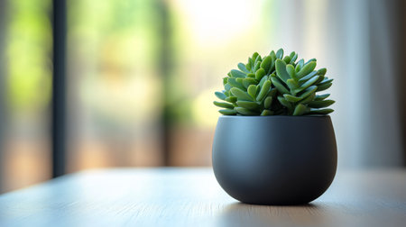 A vibrant succulent plant thrives in a stylish black pot, placed on a light wooden table, with sunlight filtering through a window, creating a serene atmosphere.の素材