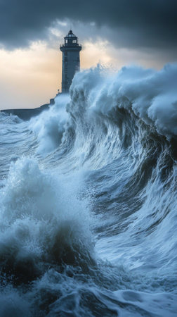 Powerful waves surge against the rocky shore, with a lighthouse standing tall in the background under a dramatic sky, showing nature's raw force at dusk.の素材